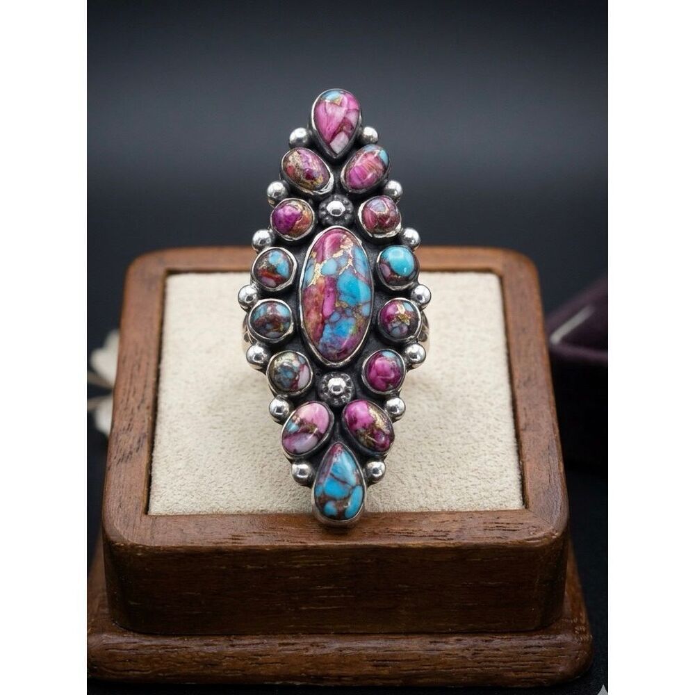 Stunning Southwestern Sterling Silver Spiny Turquoise Cluster Ring Statement 6